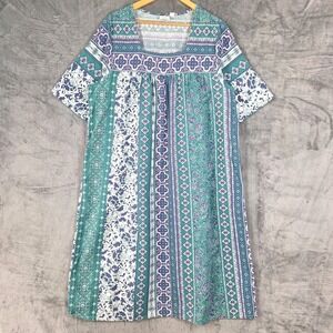 Vermont Country Store Dress XL Green Muumuu House Floral Midi Cottagecore Pocket